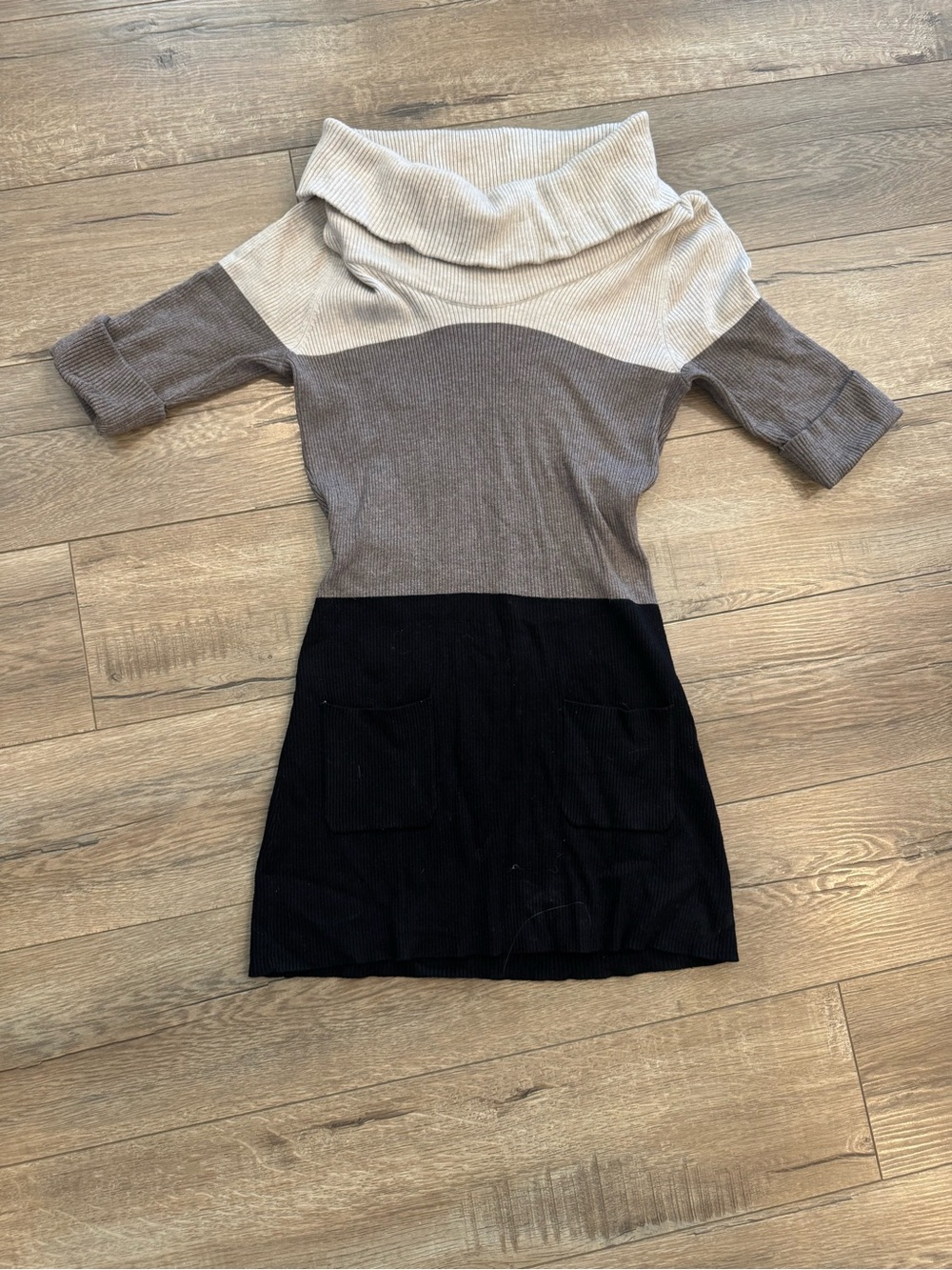 INC International Concepts Ribbed Knit Sweater Dress in Cream and Taupe